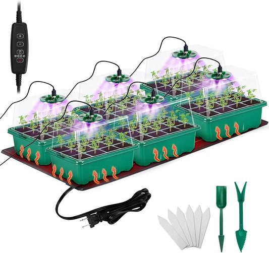 Apipi Seed Starter Tray with Grow Light & Heat Mat- 6 Pack 72 Cell Durable Easy Use Seed Starter Kit for New Gardener, Rapid Seedling Germination Kit with Humidity Domes for Plant Growing Propagation