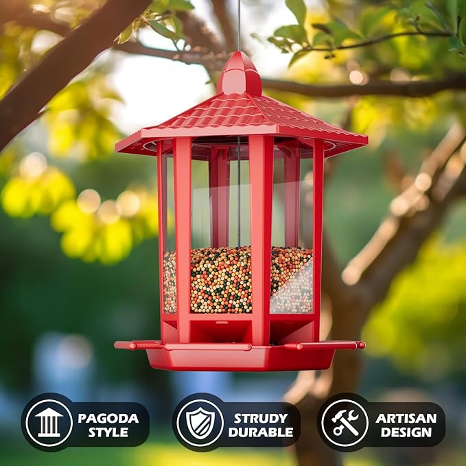 Birdream 2 Pack Bird Feeders for Outdoor Hanging, Retro Pagoda Design Fun Installation Bird Feeder, Attracting Wild Birds Chickadees Goldfinches Cardinals Finches and Sparrows - Red