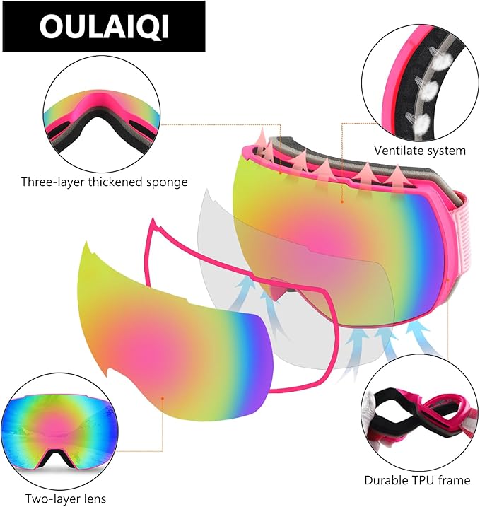 OULAIQI OTG Ski Goggles UV400 Anti-Fog Snowboard Glasses for Men Women Youth- Perfect for Skiing, Snowboarding,Winter Sports