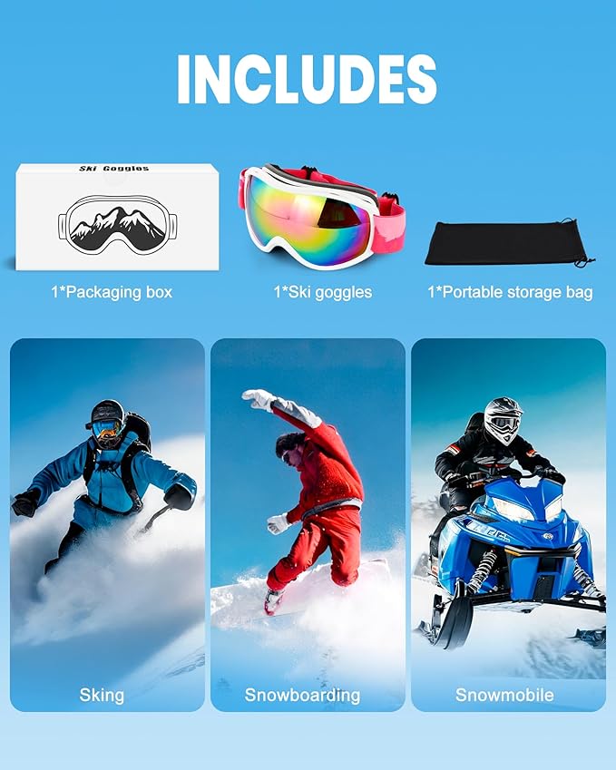 AVV Ski Goggles UV Protection, Anti-Fog Snowboard Snow Goggles OTG for Men Women Adults & Youths
