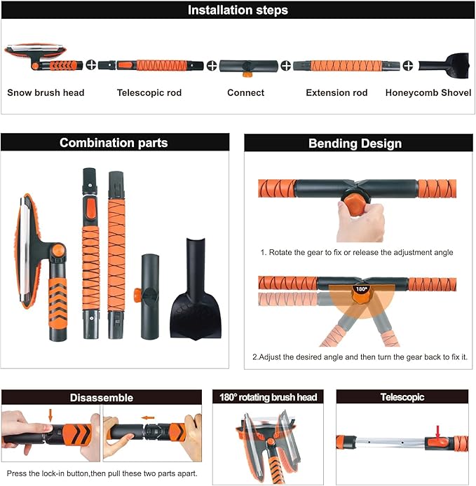 Eazy2hD 3 in 1 Bendable Snow Brush with Ice Scrapers, 64.17" Extendable Window Ice Removal with Squeegee for Windshield, 180° Pivoting Brush Head Cleaner Tool for Car, Truck, SUV