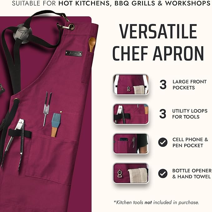 Asaya Chef and BBQ Apron with Bottle Opener and Hand Towel - 10oz Cotton Canvas, Stainless Steel Hardware - Cross Back Straps