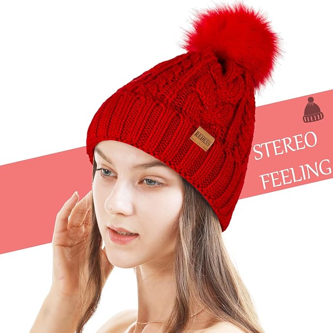 REDESS Women Winter Pompom Beanie Hat with Warm Fleece Lined, Thick Slouchy Snow Knit Skull Ski Cap
