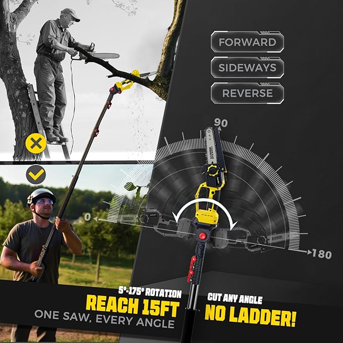 2-in-1 Electric Pole Saw for Tree Trimming,1200W Brushless Cordless Pole Saw & 6 Inch Mini Chainsaw with 2 x 4.0Ah 21V Batteries,16 FT Max Reach & Multi-Angle, Tree Trimmer for Branch Cutting.