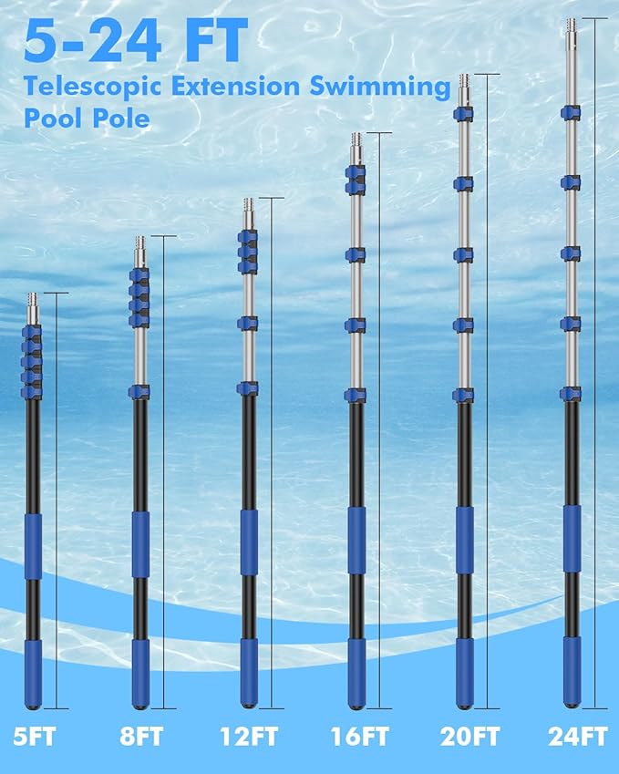 Pool Pole Telescopic 24FT Heavy Duty Upgraded Aluminum, 24 Ft Extension/Extendable Telescoping Tool for Above Ground/Inground Swimming Cleaning Supplies Accessories, Leaf Skimmer/Brush/Net/Vacuum/Mesh
