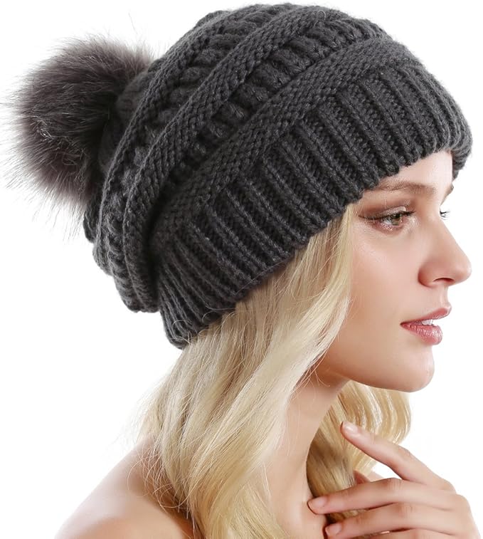 QUEENFUR Women Knit Slouchy Beanie Chunky Baggy Hat with Faux Fur Pompom Winter Soft Warm Ski Cap