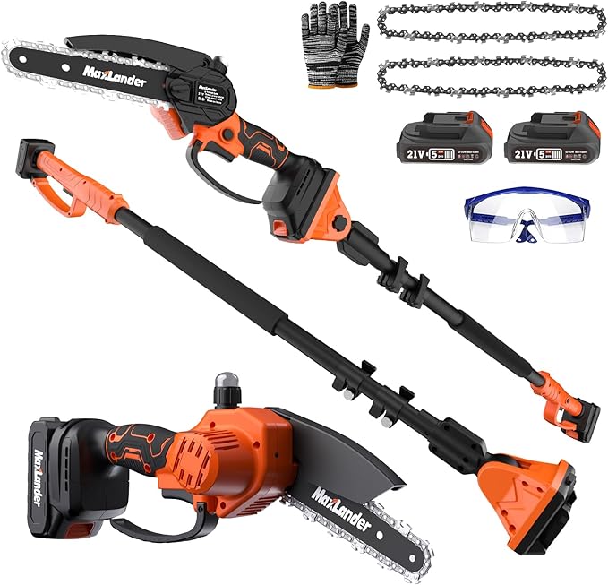 MAXLANDER 2-in-1 Cordless Pole Saw & Mini Chainsaw, 6'' Electric Pole Saws for Tree Trimming, 20V Battery Pole Saw with 2 Chains, 14ft Reach Pole Chainsaw(2PCS Battery and Charger Included)