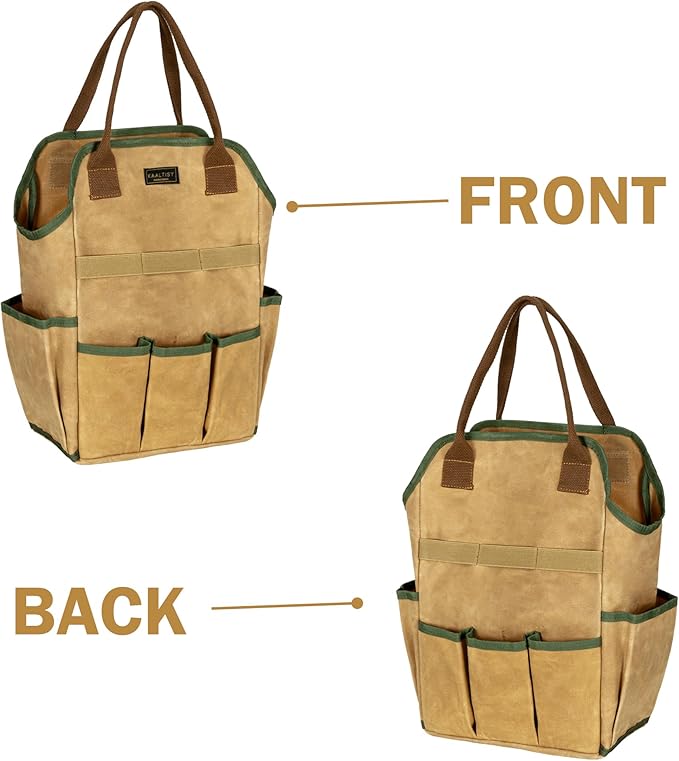 Canvas Tool Bag, 16OZ Waxed Canvas Garden Tool Tote - with 3 Inner Slots & 8 Outer Pockets & Portable Handle, Gardening Tool Storage Bag for Gardener Florist Workshop - Khaki