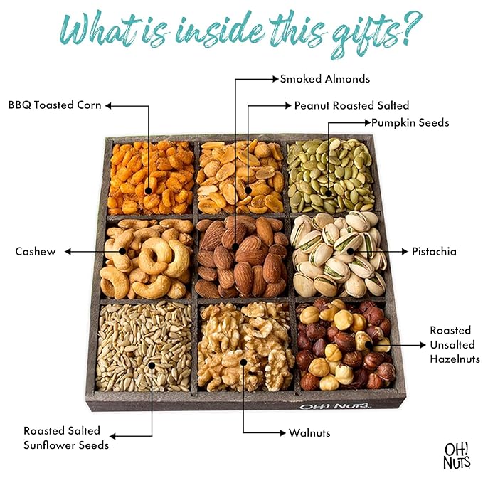 Oh! Nuts 9 Variety Nuts Gift Basket - Healthy Gift Baskets - Gourmet Assorted Nuts Tray - Gift Box for Holiday, Movie Night, Corporate, Families - Gift Ideas for Men and Women