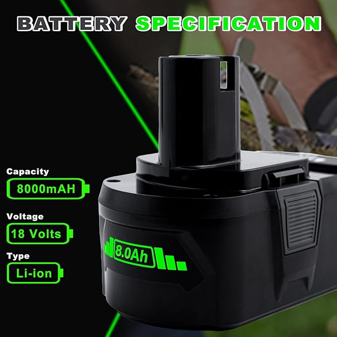 Upgrade 8000mAh High Capacity Replacement for Ryobi 18V Battery P108 P104 P105 P102 P103 P122 P109 Li-ION Compatible with Ryobi 18V ONE+ System Cordless Power Tools and Charger,1Pack
