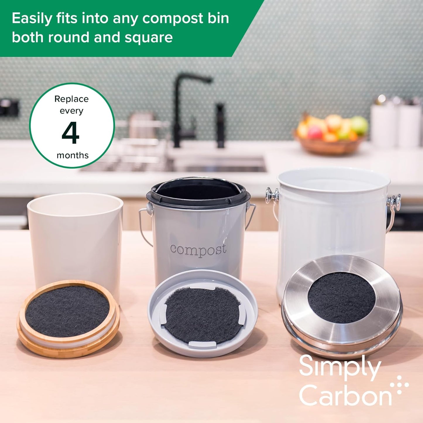 2 Years Supply Extra Thick Filters for Kitchen Compost Bins - Longer Lasting Activated Charcoal - Universal Size Fits ALL Compost Bins up to 7.25" Filter Size - Replacement Set of 6 (by Simply Carbon)