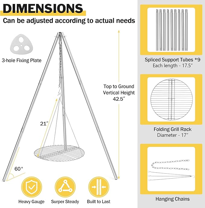 Joyfair Campfire Camping Tripod Grill Grate(17” Dia.), Heavy Duty Stainless Steel Openfire Tripod with Over Firepit Rack Camp Equipment, Adjustable Height Stand for Outdoor BBQ Cooking Grilling