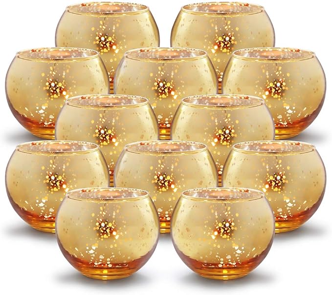Volens Round Gold Votive Candle Holders, Mercury Glass Candle Holder Set of 12, Christmas Decorations for Table