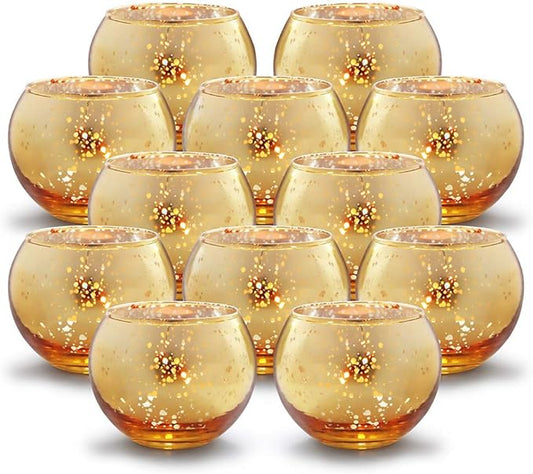 Volens Round Gold Votive Candle Holders, Mercury Glass Candle Holder Set of 12, Christmas Decorations for Table
