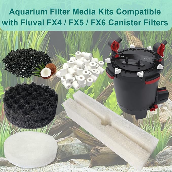 21 PCS Aquarium Media Kits Replacement for Fluval FX4 / FX5 / FX6 Canister Filters, Including Bio-Foam Block, Carbon Sponge Filter, Ceramic Ring, Activated Carbon, Silicone Lubricant, Mesh Bag
