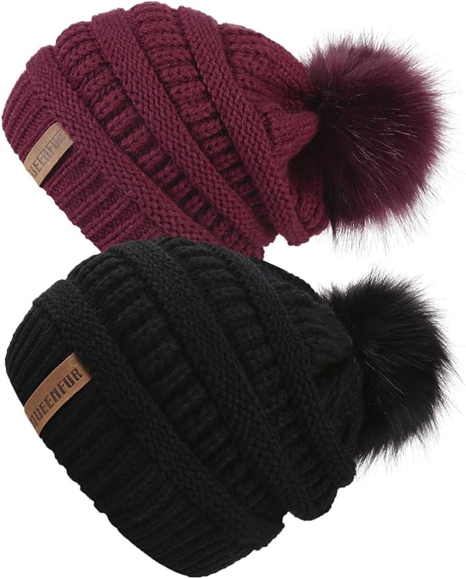 QUEENFUR Women Knit Slouchy Beanie Chunky Baggy Hat with Faux Fur Pompom Winter Soft Warm Ski Cap