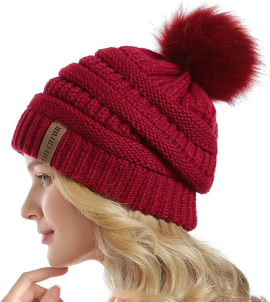 QUEENFUR Women Knit Slouchy Beanie Chunky Baggy Hat with Faux Fur Pompom Winter Soft Warm Ski Cap