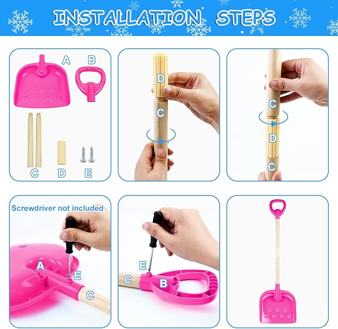 1PCS Kids Snow Shovel, 22"-32" H Detachable Wooden Childs Snow Shovel with Plastic D-Grip Handle and Scoop Winter Children Shovel Pink Toddler Shovels Outdoor Play Snow Gift for Boy Girl Snow Removal