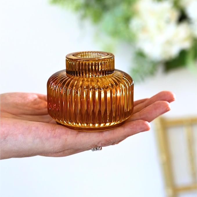 Kate Aspen Amber Taper Candle Holders for Candlesticks Set of 4 - Fluted Candlestick Holders for Fall Decor, Home Decor, Votive Candle Holder Decor, Tea Light Holder, Centerpiece Table Decorations