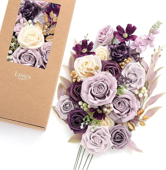 Ling's moment Artificial Flowers and Greenery for DIY Lilac & Cream Deluxe Box Wedding Bouquet Centerpieces Floral Arrangement Decor