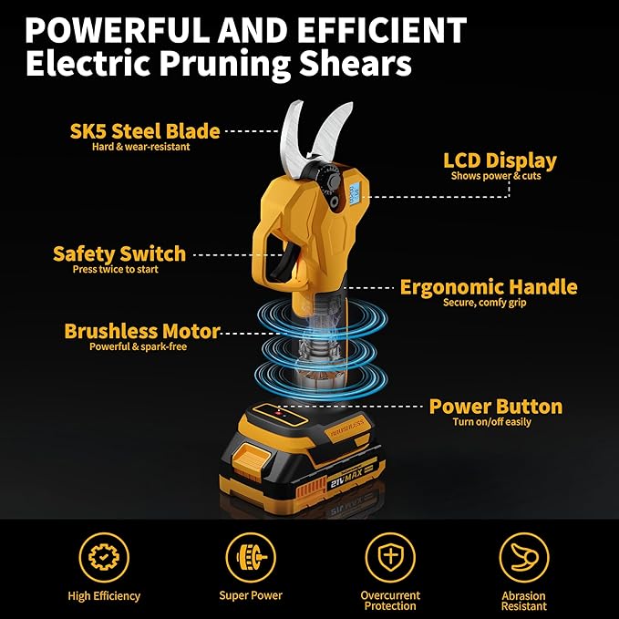 2-in-1 Electric Pruning Shears with Extension Pole, Cordless Power Pruner with 2 Inch Cutting Diameter, Brushless Motor, LCD Display & 2×2.0Ah Batteries for High Branch & Tree Trimming