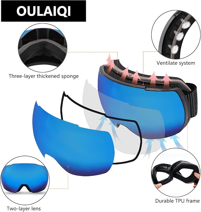 OULAIQI OTG Ski Goggles UV400 Anti-Fog Snowboard Glasses for Men Women Youth- Perfect for Skiing, Snowboarding,Winter Sports