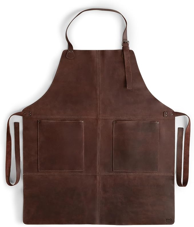 Hide & Drink, Rustic Apron with Large Pockets and Adjustable Straps, Full Grain Leather, Handmade