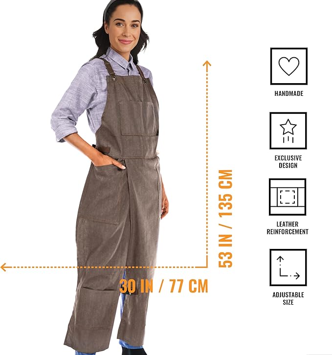 Under NY Sky Pottery Beige Apron - Full Cover Cross-Back, Durable Denim, Leather Reinforcement, Overlapping Split-Leg - Adjustable for Men, Women - Pottery Artist, Ceramics