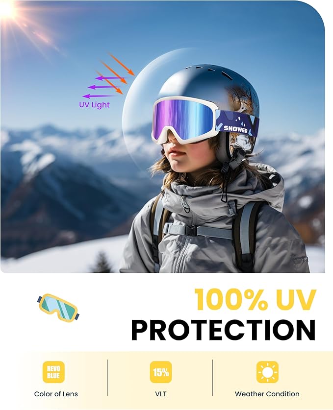 SNOWER Kids Ski Goggles, Anti-Fog Snow Goggles with OTG Design, 100% UV Protection, HD Lens for Kids Boys Girls