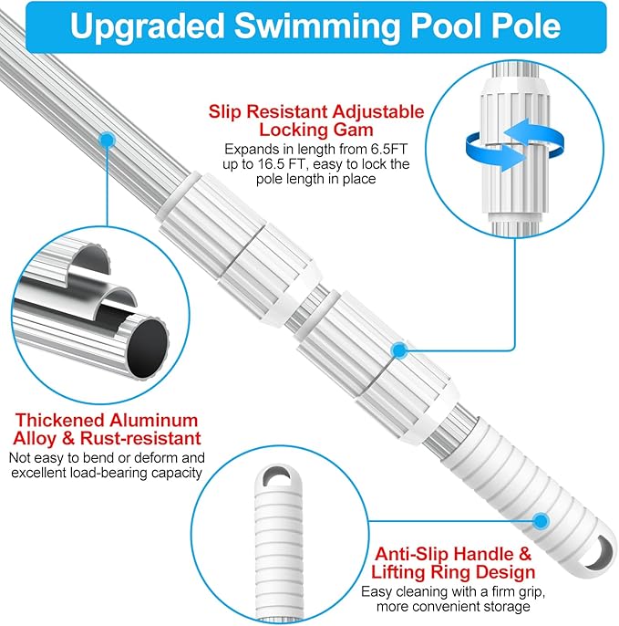 YEECHUN Professional 16.5 Foot Swimming Pool Pole Telescopic Heavy Duty Aluminum, Adjustable Length 6.5 to 16.5 Feet, Universal Pole for Skimmer Net Rake, Hooks, Vacuum Heads and Brushes