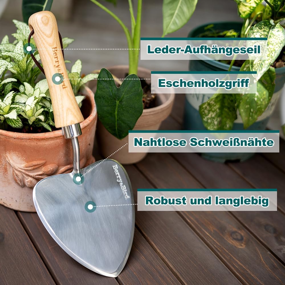 Berry&Bird Perennial Trowel, Oversized Garden Potting Trowel with Sharp Blade Wood Hand Shovel, Stainless Steel Planting Trowel Gardening Tool for Roots,Planting,Digging,Transplanting and Cutting