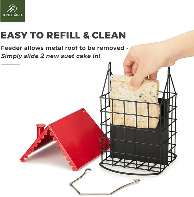 Kingsyard Double Suet Bird Feeder with Weatherproof Roof & Perch, All Metal, Suet Cakes Cage Bird Feeder for Outdoors Hanging, Easy to Clean & Refill, Red