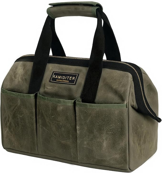 15 Inch Tool Bag, Heavy Duty Wide Mouth Water-Resistant Tool Bag, Tool Tote with Handle for Tools, Wrenches, Screwdrivers (15 X 7.8 X 11.5 inch) | ArmyGreen