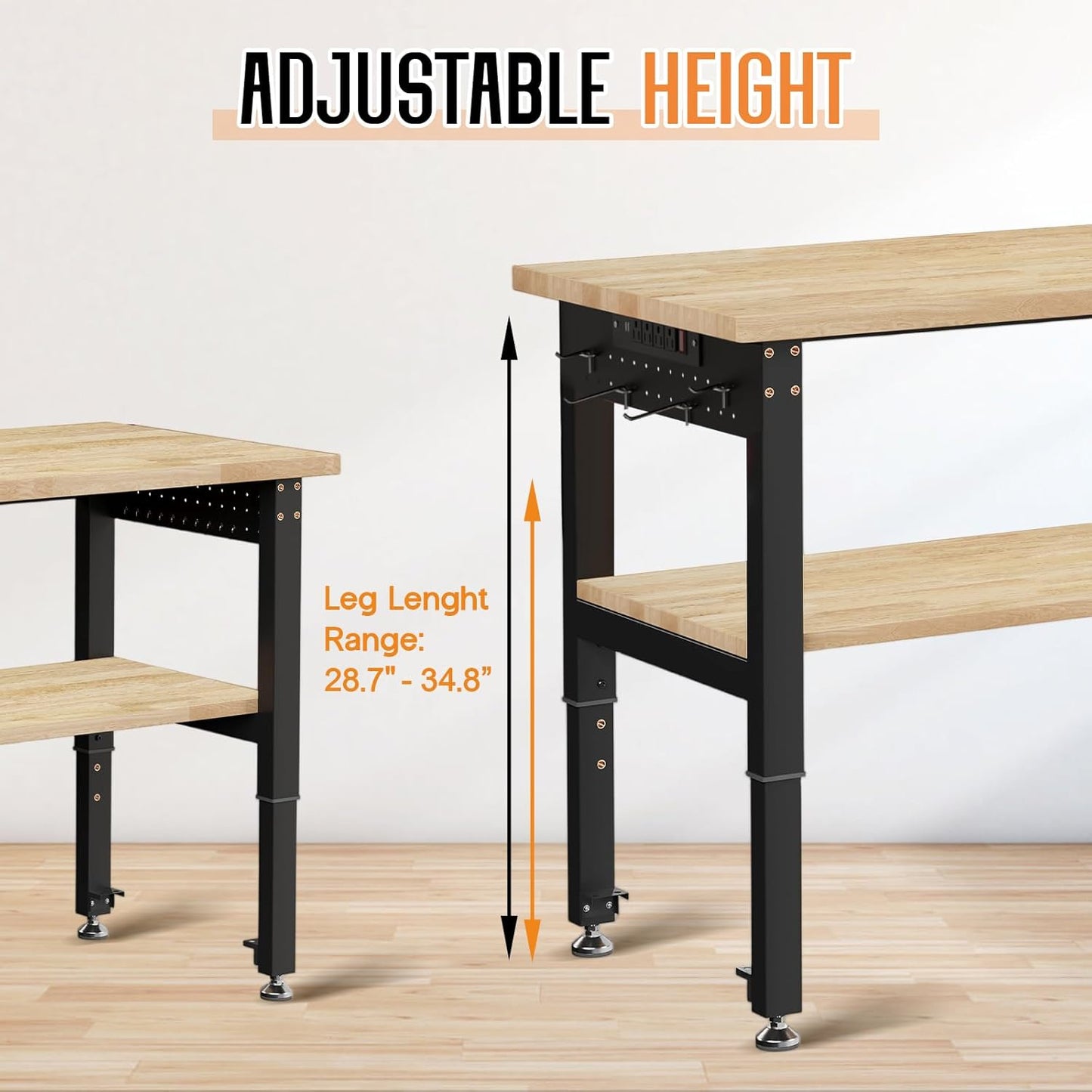 Albott 48" Adjustable 2-Tier Workbench with Solid Wood Top, Max 2000lbs Capacity, Built-in Power Strip with 4 AC Outlets & 2 USB Ports, Pegboard & 20 Hooks, Shop Garage Office