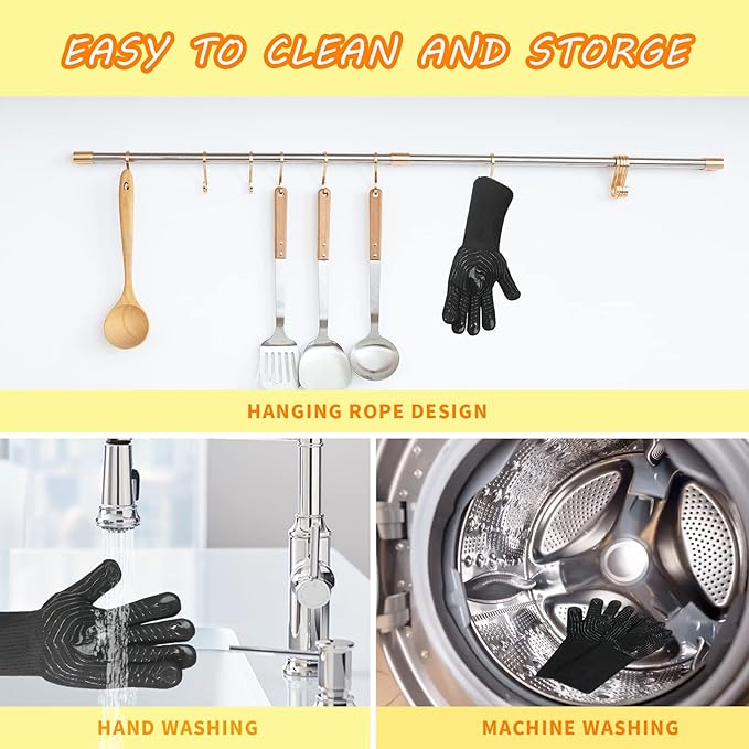 BBQ Gloves, 1472°F Heat Resistant Gloves Fireproof Mitts, Grilling Gloves Silicone Non-Slip Washable Oven Glove, Kitchen Glove for Barbecue, Grilling, Cooking, Baking, Camping, Smoker (Black)