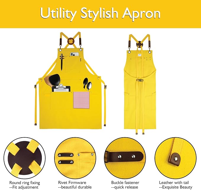 Kitchen Apron, Work Apron, Canvas, Multiple Pockets, Gardening, Painting, BBQ, Artist, Carpenter, Sizes M to XXL, Yellow