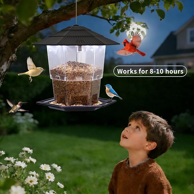 Solar Bird Feeder for Outdoors Hanging,Black Hanging Wild Bird Feeders with S Hook for Blue Bird, Cardinals, Finches,Wild Birds Seed Feeder, As Gift for Bird Lovers