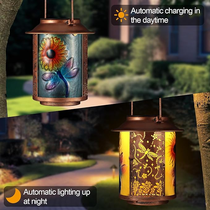 Dragonfly Solar Lanterns Outdoor Waterproof, Birthday Gifts for Women Mom Grandma , Metal Garden Decor Hanging Solar Lights Outside Decorative for Yard Patio Backyard Porch Decorations (Sunflower)