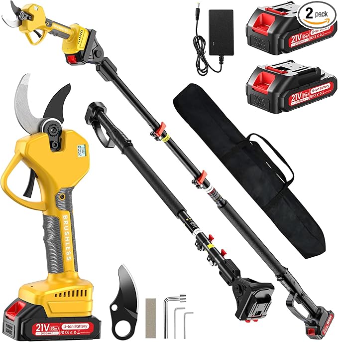 2-in-1 Pole Pruning Shears, 2.6 Inches Opening size Cordless Electric Pole Pruners - Brushless Motor, 2.0Ah*2 Batteries, SK7 Blade, 8.7FT Adjustable Branches Cutter for Tree Trimming