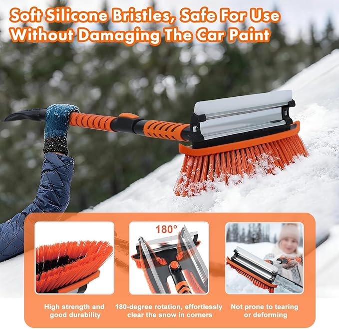 Eazy2hD 3 in 1 Snow Brush with Ice Scrapers, 43.31" Extendable Window Ice Removal with Squeegee for Windshield, 180° Pivoting Brush Head Cleaner Tool for Car, Auto, SUV, Truck