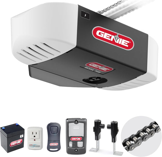 Genie Chain Drive 750 Garage Door Opener with Battery Backup, Surge Protector and one Single Button Garage Door Remote