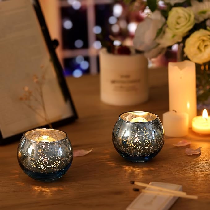 Volens Round Blue Votive Candle Holders Set of 12, Blue Wedding Centerpiece Table Decorations, Mercury Glass Tealight Candle Holder for Bridal Shower, Baby Shower & Home Decor