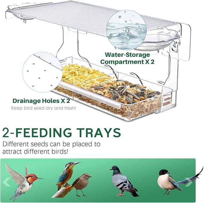Window Bird Feeder for Outdoors, Clear Wild Bird Feeders Window Mounted with Self-Adhesive Hooks, Outside Hummingbird, burd, Oriole, Finch Bird Watching for Garden, Yard, Elderly Kids Viewing