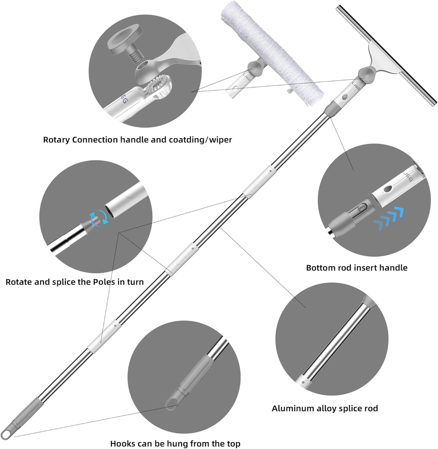 Window Cleaning Squeegee kit, 13.78" Squeegee and 13.78" Microfiber Scrubber with Aluminum Alloy Pole, 54" Telescopic Window Cleaning Tool for Glass Door, Shower Glass Door, Car Windshield-2 Pads