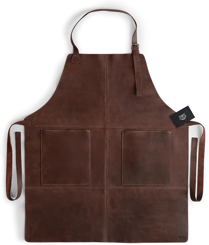 Hide & Drink, Rustic Apron with Large Pockets and Adjustable Straps, Full Grain Leather, Handmade