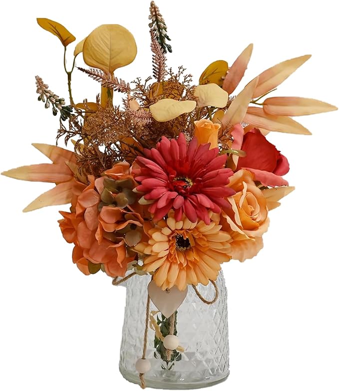 Autumn Artificial Flower Bouquet in Vase, Fall Silk Flower Arrangement, Faux Floral Centerpiece for Home Decor, Table Centerpiece for Autumn, Living Room Office Decoration