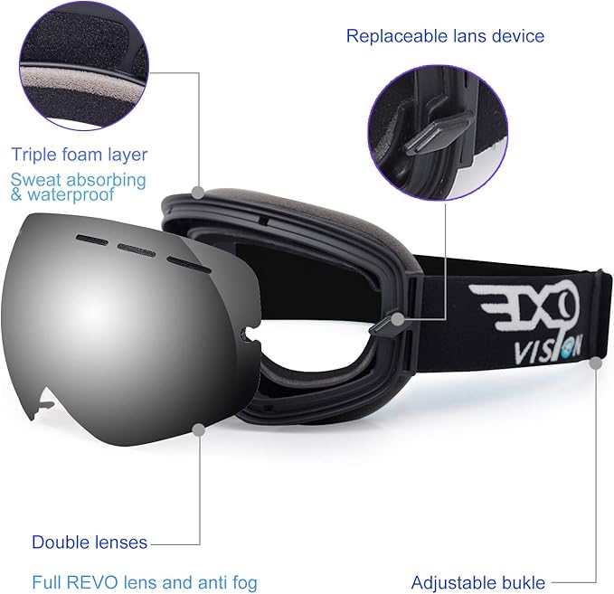 EXP VISION Snowboard Ski Goggles Men Women Youth, Anti Fog OTG Winter Snow Goggles Spherical Detachable Lens