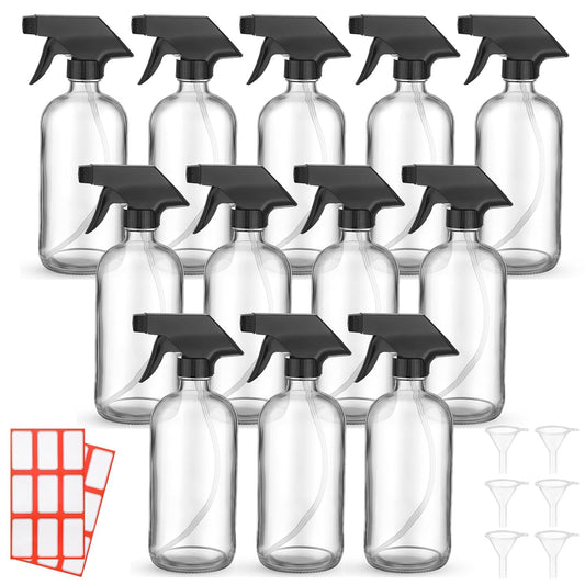 Norme 12 Pcs 8 oz Glass Spray Bottles with Funnels and Labels Refillable Cosmetic Empty Spray Bottles with Sprayer Containers for Essential Oil Cleaning Solutions(Clear,Classic)