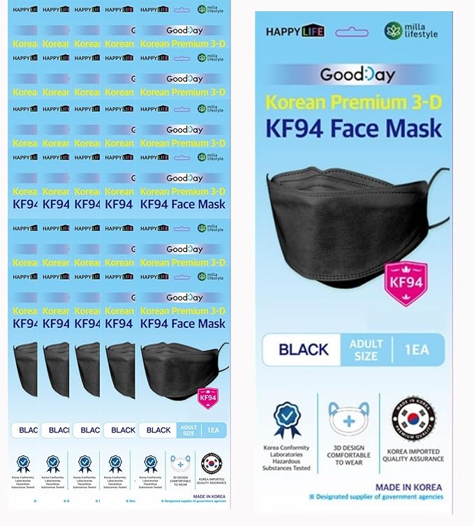 Good Day Black Disposable KF94 Face Mask, 4-Layer Filters, Made in Korea, Nose Mouth Covering Dust Mask (individual Packed)