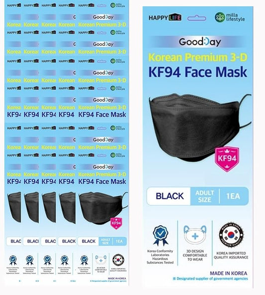 Good Day Black Disposable KF94 Face Mask, 4-Layer Filters, Made in Korea, Nose Mouth Covering Dust Mask (individual Packed)